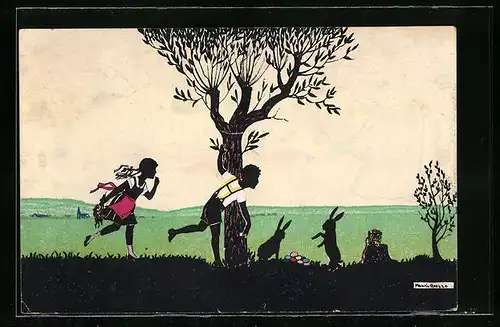 Künstler-AK Manni Grosze: Schattenbild, Kinder und Osterhasen