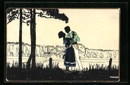 Künstler-AK Manni Grosze: Schattenbild, Liebespaar auf einer Wiese