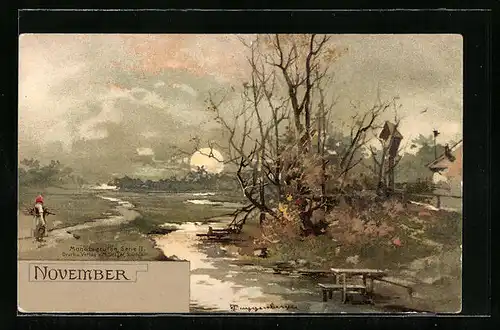 Künstler-AK Theodor Guggenberger: Herbstlandschaft mit einem Flurkreuz