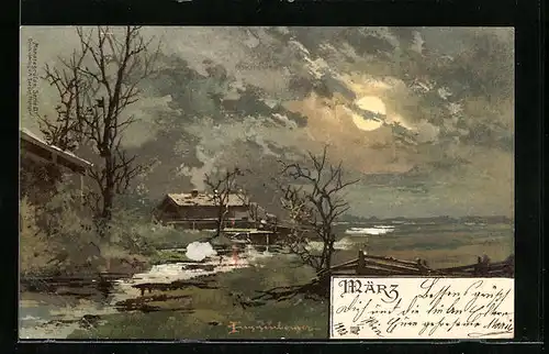 Künstler-AK Theodor Guggenberger: Häuser in herbstlicher Landschaft bei Mondschein