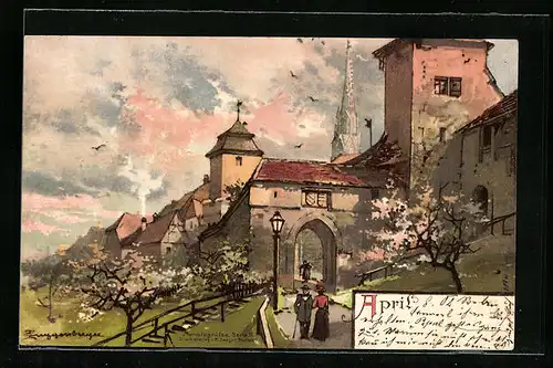 Künstler-AK Theodor Guggenberger: April, Ortspartie mit Tor und Kirche
