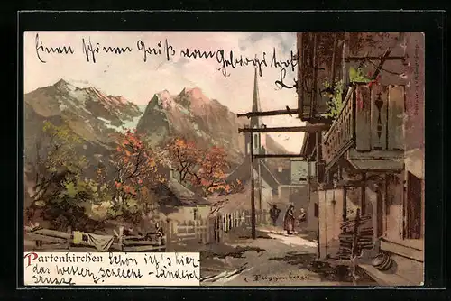 Künstler-AK Theodor Guggenberger: Partenkirchen, Ortspartie mit Kirche