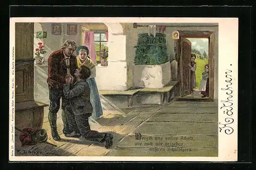 Künstler-AK E. Döcker: Vergib uns unsere Schuld..., Junger Mann kniet vor älterem Paar