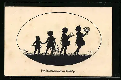 Künstler-AK Elsbeth Forck: Schattenbild, Kinder mit Kuchen und Blumen, Geburtstagsgruss