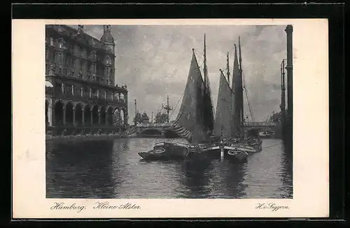 AK Hamburg, 31. Deutscher Philatelistentag u. Postwertzeichen-Ausstellung 1925, Kleine Alster mit Segelbooten, Ganzsache