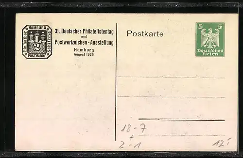 AK Hamburg, 31. Deutscher Philatelistentag u. Postwertzeichen-Ausstellung 1925, Kleine Alster mit Segelbooten, Ganzsache