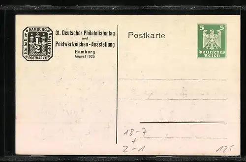 AK Hamburg, 31. Deutscher Philatelistentag und Postwertzeichen-Ausstellung 1925, Fährhaus-Bucht, Ganzsache