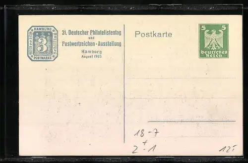 AK Hamburg, 31. Deutscher Philatelistentag und Postwertzeichen-Ausstellung 1925, Bismarck-Denkmal, Ganzsache