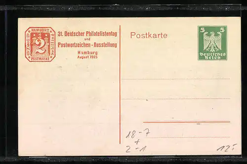 AK Hamburg, 31. Deutscher Philatelistentag und Postwertzeichen-Ausstellung 1925, Hamburger Hafen, Ganzsache
