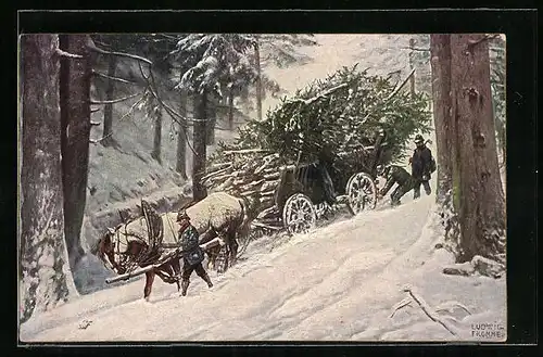 Künstler-AK Ludwig Fromme: Holzfäller mit Pferdegespann im Winter