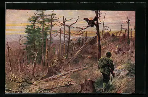 Künstler-AK Ludwig Fromme: Jäger zielt auf einen Vogel