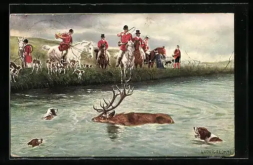 Künstler-AK Ludwig Fromme: Jäger mit Pferden am Ufer und Hirsch im Wasser