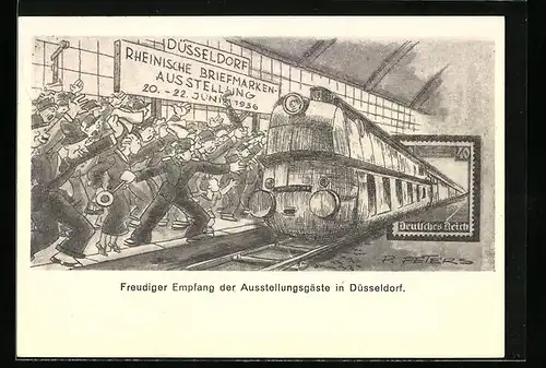 Künstler-AK Düsseldorf, Rheinische Briefmarken-Ausstellung 1936, Freidiger Empfang der Ausstellungsgäste, Ganzsache