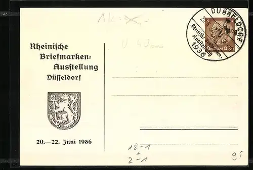 Künstler-AK Düsseldorf, Rheinische Briefmarken-Ausstellung 1936, Freidiger Empfang der Ausstellungsgäste, Ganzsache