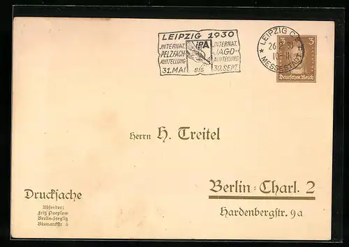 AK Berlin-Charlottenburg, H. Treitel, Hardenbergstr. 9 a, Drucksache, Ganzsache