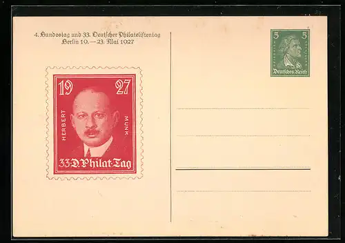 AK Berlin, 4. Bundestag und 33. Deutscher Philatelistentag 1927, Herbert Munk auf Briefmarke, Ganzsache
