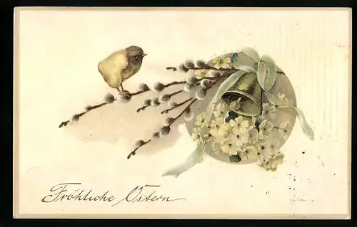 Präge-AK Osterküken mit Palmkätzchenzweigen und Blumen