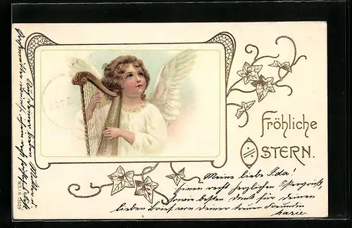 AK Fröhliche Ostern, Osterengel spielt die Harfe