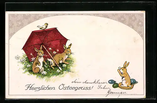 AK Osterhasen unter dem Schirm zum Feste