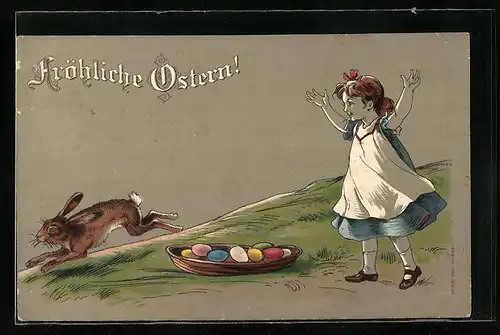 AK Fröhliche Ostern, Mädchen begrüsst Osterhasen