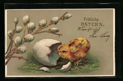 Präge-AK Fröhliche Ostern, Osterküken schlüpft aus einem Ei