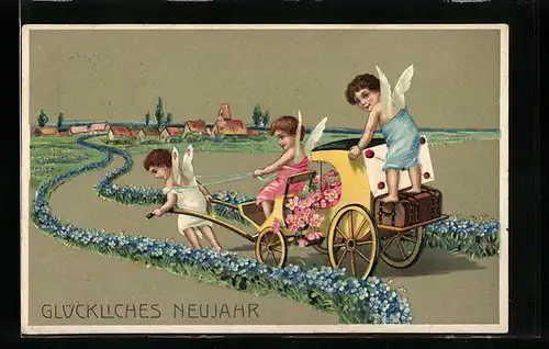 AK Glückliches Neujahr, Neujahrsengel in der Kutsche