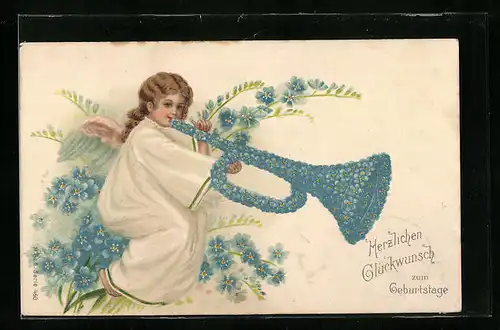 AK Neujahrsengel bläst auf der blumengeschmückten Trompete, Blumenbild