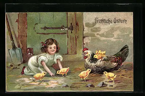 AK Fröhliche Ostern, Mädchen mit Huhn und Osterküken