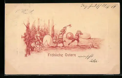 AK Zwerge mit Ostereiern, Fröhliche Ostern