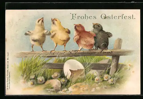 AK Frohes Osterfest, Osterküken auf dem Zaun