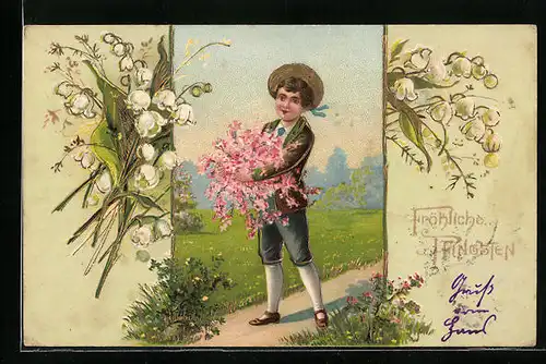 Präge-AK Fröhliche Pfingsten, Junge mit Blumen