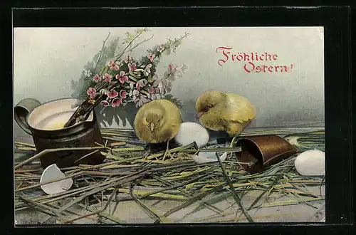 AK Osterküken mit Blumen, Fröhliche Ostern