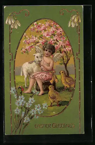 Präge-AK Easter Greetings, Osterküken, Engelchen und Lamm