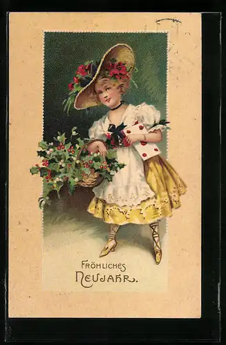AK Neujahr, Mädchen mit Hut und Kleid und Stechpalmen-Korb