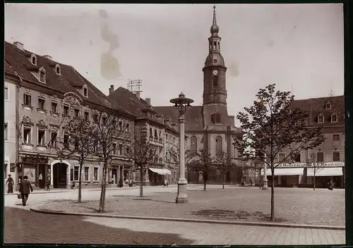 Fotografie Brück & Sohn Meissen, Ansicht Grossenhain, Hauptmarkt mit Hotel und Ladengeschäften