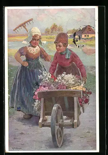 Künstler-AK Rudolf Alfred Höger: Kleine Holländer mit Schubkarre voller Blumen