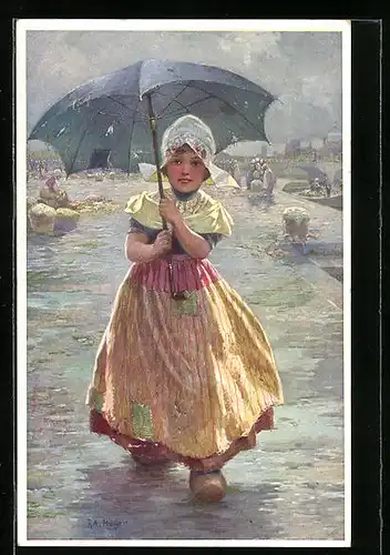 Künstler-AK Rudolf Alfred Höger: Holländerin mit Regenschirm
