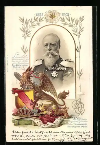 Lithographie 50 jähr. Regierungsjubiläum des Grossherzogs Friedrich von Baden 1902
