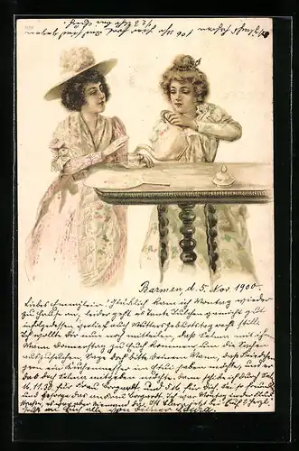 Künstler-AK Dame mit Hut beim Kaffeeklatsch mit ihrer Freundin