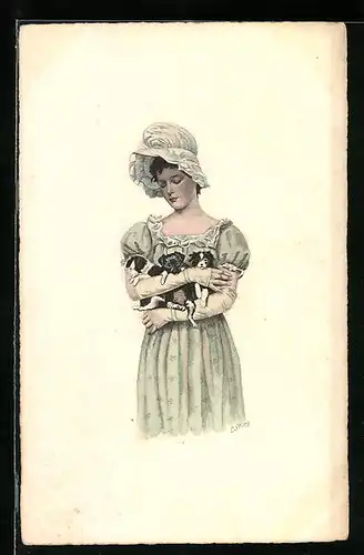 Künstler-AK Frau mit Welpen auf dem Arm und Hut