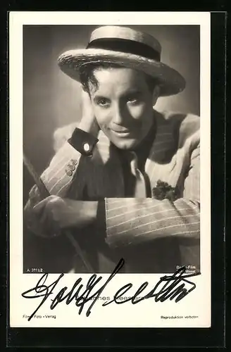 AK Schauspieler Johannes Heesters mit Strohhut, mit original Autograph