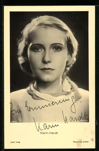AK Schauspielerin Karin Hardt ernst schauend, mit original Autograph
