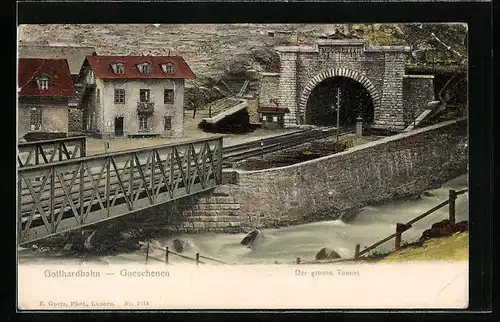 AK Goeschenen, Gotthardbahn mit Tunnel und Wohnhäusern