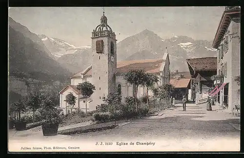 AK Champery, Ortsansicht mit sagenhafter Gebirgskulisse