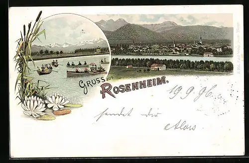 Lithographie Rosenheim, Gruss mit Ortsansicht und Ausflüglern auf dem See
