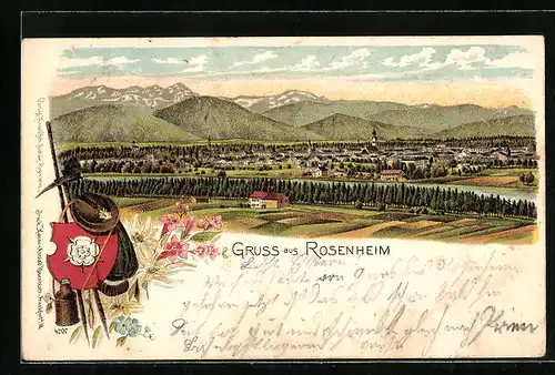 Lithographie Rosenheim, Blick aus der Ferne auf die Stadt