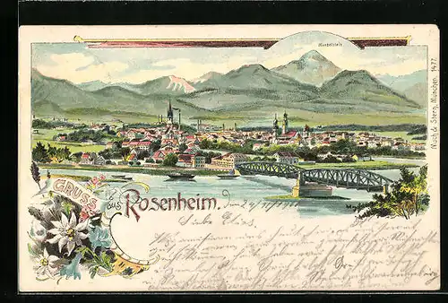 Lithographie Rosenheim, Gruss aus der Stadt mit dem Wendelstein