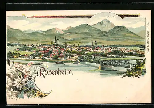 Lithographie Rosenheim, Gruss aus der Stadt mit dem Wendelstein