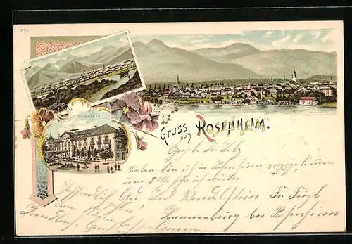 Lithographie Rosenheim, Ortsansicht und Kaiserbad