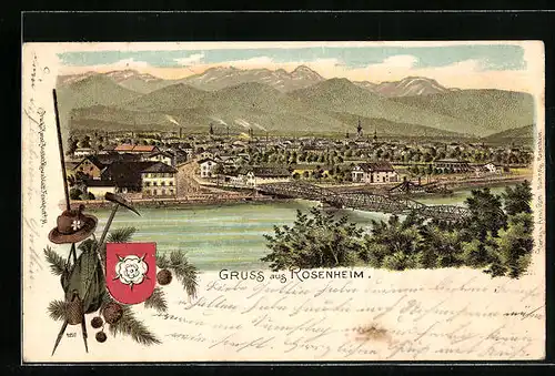 Lithographie Rosenheim, Panorama der Stadt mit den Alpen